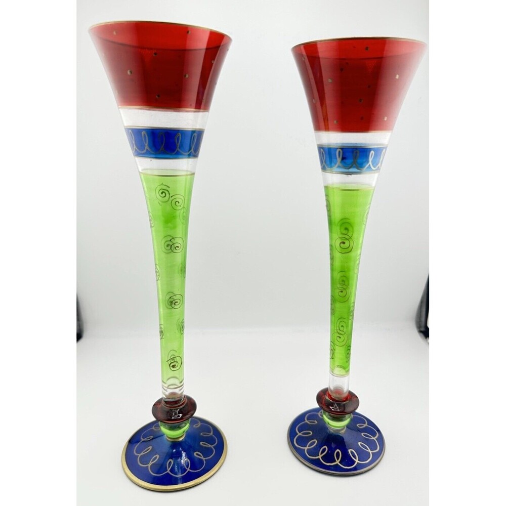 Pier 1 Imports Champagne Flute Red Blue Green Bands 10.5" Swirl Dot Gold Pair 2